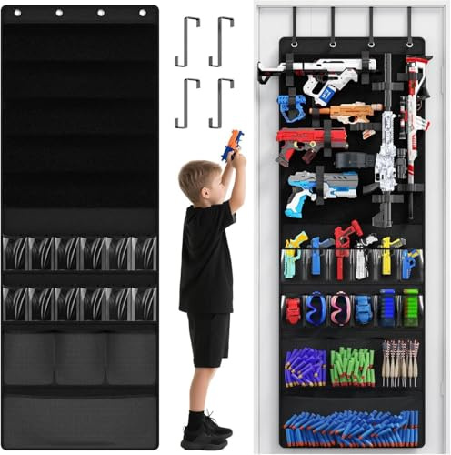 Over Door toy gun Storage Organiser, Large Deep Pockets with Sturdy Hooks, 70 * 23.6, 20 hook and loop fastener Dividers, Bedroom Kids gunToy Holder(Camouflage)