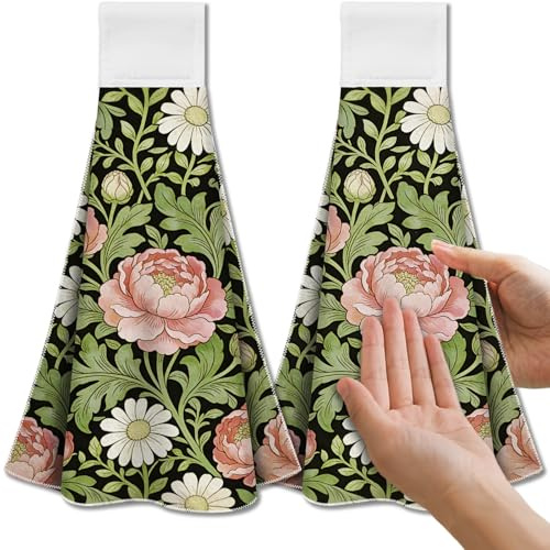 CUTHOLLOW 2er-Se William-Morris-Blumen Hängende Küchentücher t | Dekorative Handtücher mit Aufhängeschlaufe – Weiche & saugfähige Mikrofaser-Geschirrtücher für Küche, Bad oder Ofengriff