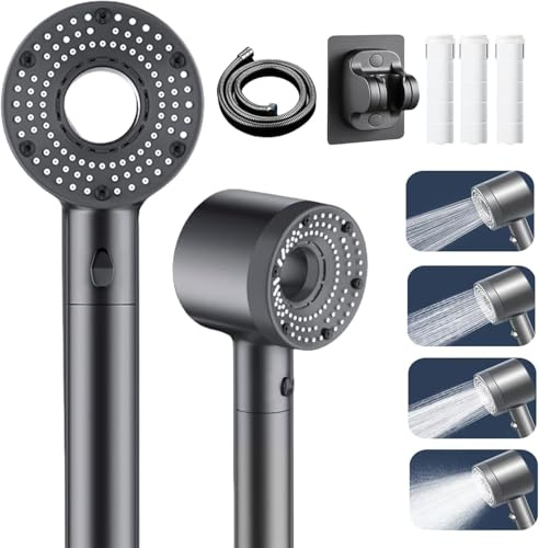 Hard Water Filter Shower Head and Hose with PP Filter and Holder, 4 Spray Jet Modes High Pressure Bathroom Shower Head, Filtered Showerhead Remove Chlorine, Handheld Showerhead with ON/Off Switch