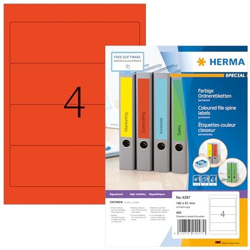HERMA 4297 Ordnerrücken Etiketten kurz breit, 100 Blatt, 192 x 61 mm, 4 pro A4 Bogen, 400 Stück, selbstklebend, bedruckbar, blickdicht, blanko Papier Ordneretiketten Rückenschilder Aufkleber, rot