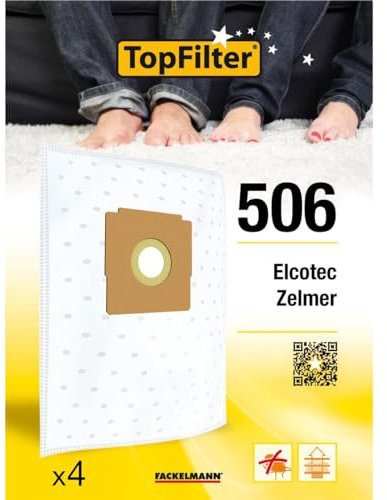 TopFilter 64506 Lot de 4 sacs aspirateur Zelmer et Elcotec, sac aspirateur, poche aspirateur, accessoire aspirateur, Non tissé polypropylène, Caoutchouc, Carton, 30 x 26 cm, Blanc