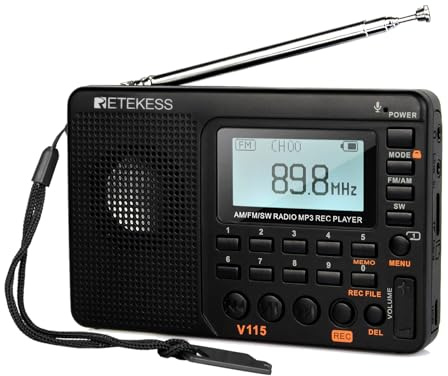 Retekess V115 Shortwave Radio, Digital Radio AM FM, Shortwave Receiver with 1000mAh Rechargeable Battery, Presets, TF/AUX Playback and Recording, Bass Speaker, for Camping