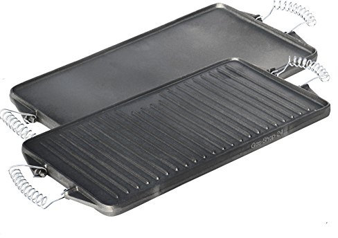 44 x 24 cm Grillplatte aus Gusseisen mit abnehmbaren Federstahlgriffen (geeignet für Gasgrill, Backofen, Gasherd, Campingkocher, Gaskocher) -Gussgrillplatte