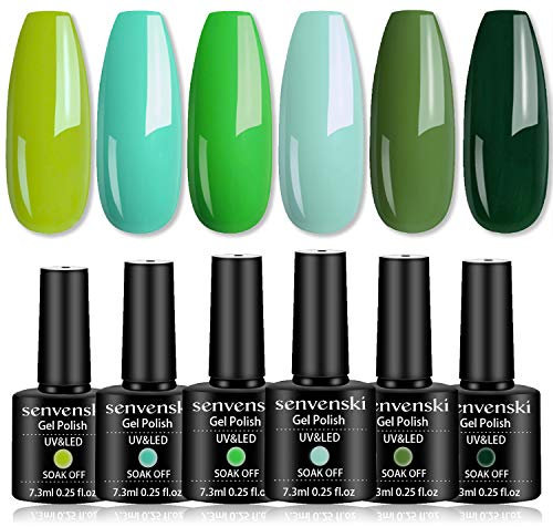 Senvenski Teal Gel Nail Polish Army Aqua Lime Green Olive Turquoise Emerald Summer Set Gift Soak Off UV LED Manicure Art Varnish Set Kit DIY at Home 6 Colors (CS6-008)