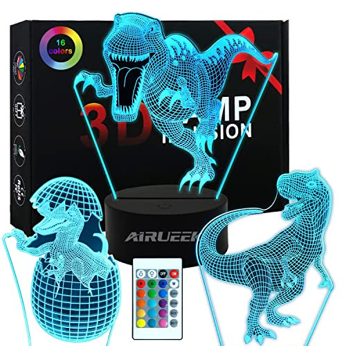 AIRUEEK Dinosaurier Nachtlicht für Kinder, 3D Dino Spielzeug 3 Patterns and 16 Farben Ändern und Fernbedienung, Dinosaurier Spielzeuge halloween Weihnachts Geschenke für Jungen