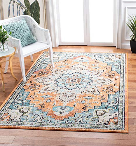 SAFAVIEH Boho Teppich für Wohnzimmer, Esszimmer, Schlafzimmer - Madison Collection, Kurzer Flor, Orange und Blaugrün, 160 x 160 cm