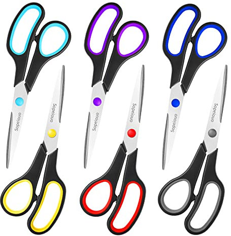 Scheren-Set, 6 Stück, 20,3 cm, Allzweck-Scheren, Komfortgriff, scharfe Schere für Büro, Zuhause, Schule, Handwerk, Nähen, Stoffbedarf, Hoch-/Mittelschule, Studenten, Lehrer, Rechts- und Linkshänder