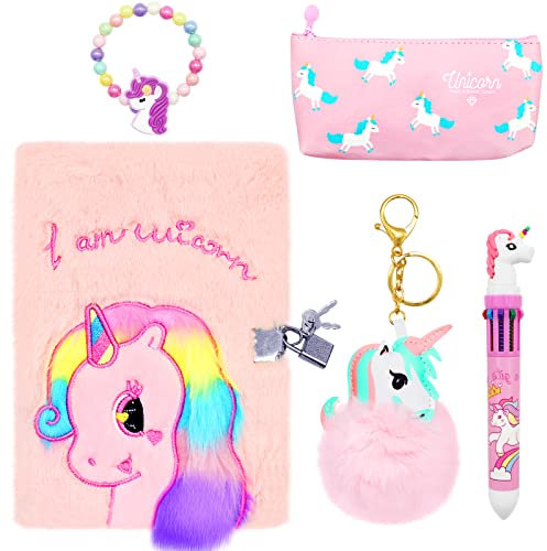 Wieat Girls Diary, Secret Diary for Girls, Unicorn Notebook with Locks, Cute Fluffy Notebooks, Diary Gift Set of Colourful Pen, Pencil Case, Key Rings, Bracelets, Christmas Gifts for Girls, kids