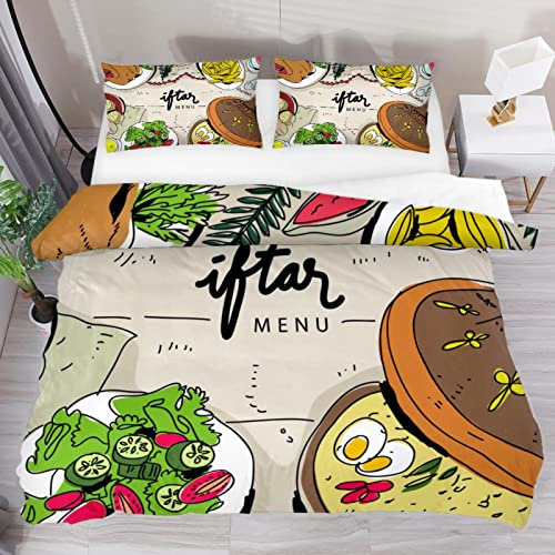 Juego de funda de edredón individual Iftar Ramadhan Menú Comida en Tajine Tradicional Suave Tencel Juego de ropa de cama para niños y niñas, 3 piezas con 2 fundas de almohada, cierre de cremallera