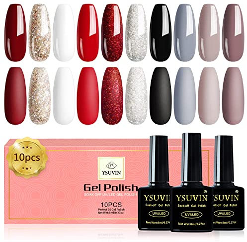 YSUVIN UV Nagellack, 10 Farben Gel Nagellack, Dunkelrot Hellrot Gold Weiß Silber Schwarz Grau Braun Glitter Glitzer Soak-off UV Gellack für Anfänger DIY Nail Art Maniküre Salon, 8ML