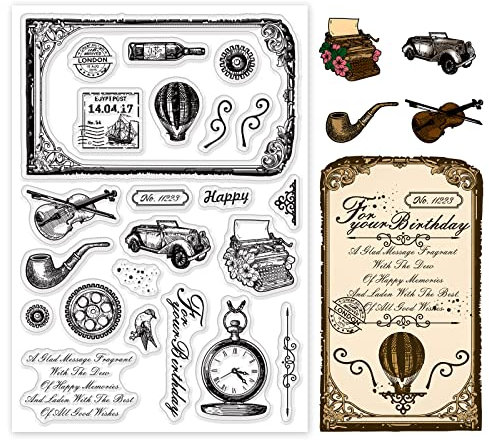 PandaHall Retro-Elemente Thema Clear Stamps Transparente Bastelstempel Für Zahnrad/Schreibmaschine/Uhrenmuster Stempel Für Scrapbooking Kartenherstellung Dekoration Fotokarten Album Bastelbedarf