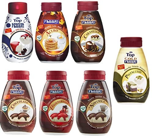 Testpaket Fabbri Amarena Pistacchio Nocciola Cioccolato Mini Topping Schwarzkirsche 7x 225g + Italian Gourmet polpa 400g