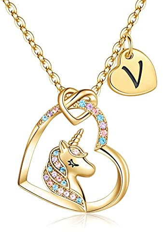 TINGN Einhorn Geschenke für Mädchen, Herz Anhänger Einhorn Halskette Mädchen Initiale Kette mit Buchstaben V Einhorn Kette Mädchen Schmuck Einhorn Geschenke für Mädchen Teenager Mädchen Geschenke