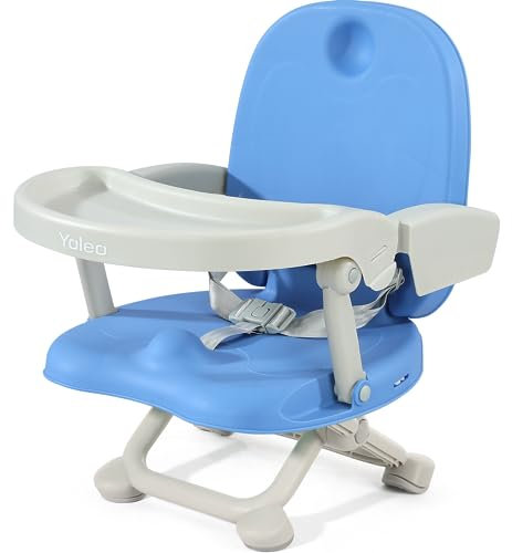 Yoleo Hochstuhl für Kleinkinder, zusammenklappbar, kompakt, tragbar, Sitzerhöhung für Babys/Kinderstuhl auf Stuhl für Esstisch, Camping (grau) (ohne Kissen, Blau)