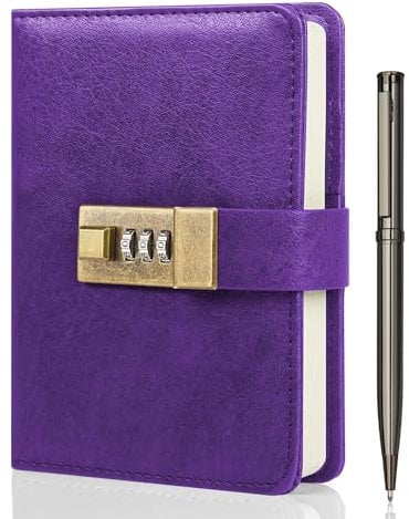 WEMATE Tagebuch mit Schloss, A6 PU Leder Tagebuch mit Schloss 192 Seiten, Lock Journal Passwort Notizbuch mit Stift & Geschenkbox, Schloss Tagebuch für Männer und Frauen 4,3 x 15,7 cm Lila