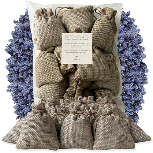Sachet de Lavande Séchée Provence - 12 Sachets de Lavande sans OGM en Jute Doublée Remplis à la Main - Petit Sac de Lavandin pour Placards, Linge, Armoire - Fleurs de Haute Provence - Nouvelle Récolte