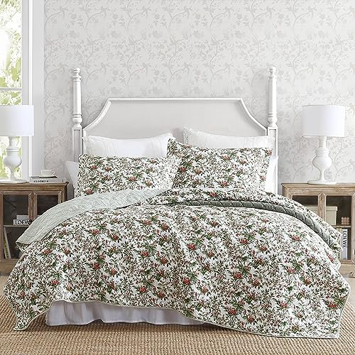 Laura Ashley - Queen Quilt Set, Reversible Cotton Bedding with Matching Shams, Floral Bedroom Decor for All Seasons (Bramble Floral Green, Queen)