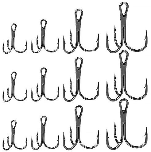 Treble Fishing Hooks, 80PCS Small Round Bend Triple Hard Lure Fishhook, Triplet Treble Round Bend Fishhook, Treble Hook 2# 4# 6# 8# For Hard Bait Lures Saltwater Freshwater (Black)