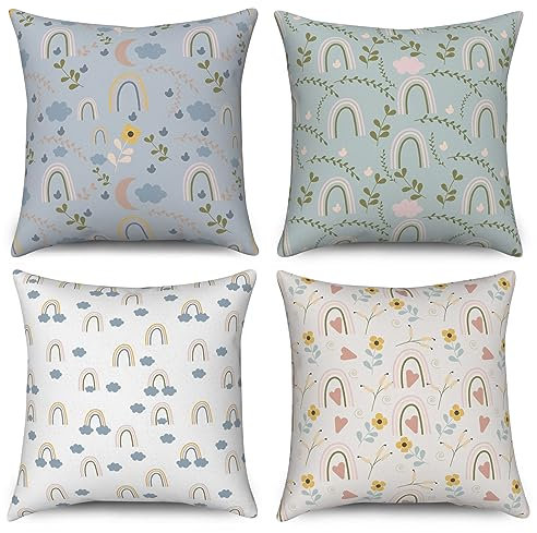 ASDCXZ Kinder Kissenbezug 45x45 cm 4er Set, Niedlich Blume Regenbogen Wolke Blau Grün Sofa Dekokissen Kissenbezüge Kissenhülle Waschbar Polyester Flachs Textil Outdoor Kopfkissenbezug Kissen Bezug