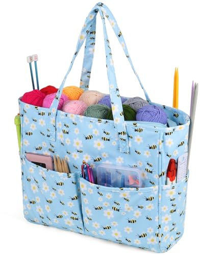 Aeelike Blau Wolltasche Garn Organizer Tasche für Unterwegs, Tragbare Aufbewahrungstasche für Wolle, Häkelnadel, Zubehör, Stricknadeln Aufbewahrung, 35,5 x 30 x 12,5cm Handarbeitstasche für Stricken