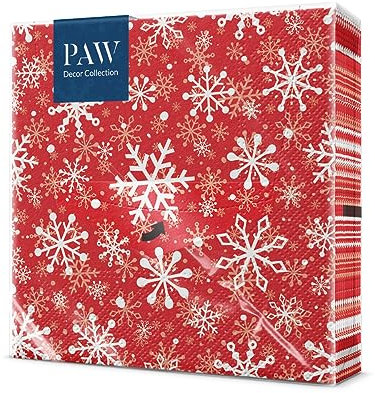 PAW - Servietten 3-lagig (33 x 33 cm) I 20 Stück I Perfekt für Weihnachten, Winter, Feiertage I Heiligabend Tischdekoration I Winter Papierservietten - Schneeflocken I Christmas Snowflakes light red