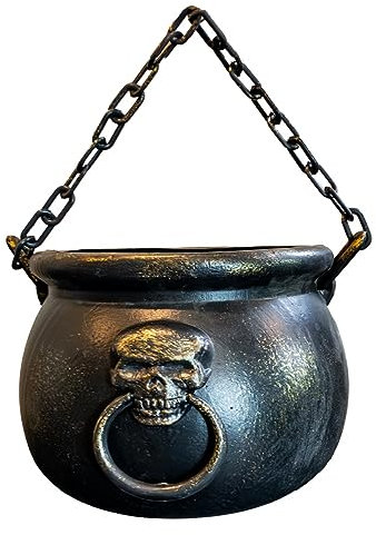Horror-Shop Schwarzer Hexenkessel mit Totenkopf und Kette als Henkel 14 cm