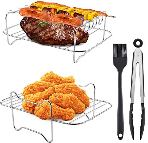 Air Fryer Rack, 8 PCS Air Fryer Rack Stainless Steel Double Rack with 4 Skewers and 1 Oil Brush 1 Grilling Tong, Multifunctional Air Fryer Accessories for Double Basket Air Fryer, Microwave, Oven