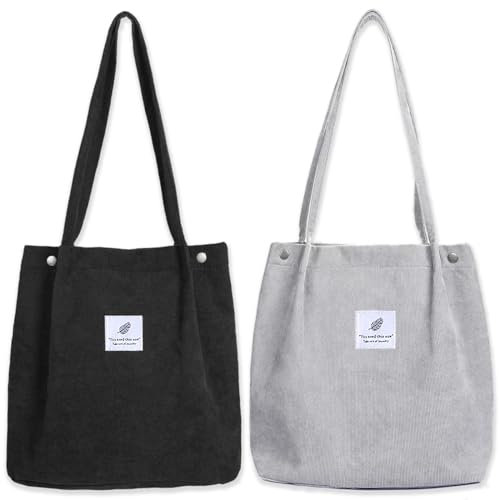 Bikasun Groß Umhängetasche Damen Cord Schultertasche Strandtasche Cord Tasche Crossbody Tasche Shopper Tote Bag Einkaufstasche Handtasche Shopper für Arbeit Einkaufen Schule Schwarz und Hellgrau