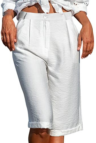 Bermuda Shorts Damen Knielang -Kurze Hose Damen Sommer -Stoffhose Hohe Taille Baumwolle Chino Hosen Elegant Kurzhose Solide Sommershorts Locker Casual Freizeithose mit Taschen für Frauen