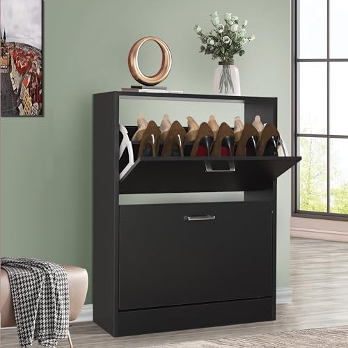 2 Drawer Shoe Storage Cabinet Pull Down Shoe Cabinet 2 Tier Shoes Rack Wooden Furniture Cupboard Shoe Storage Organiser for Hallway Entryway, Living Rooms, Black, 60W x 24D x 80H cm