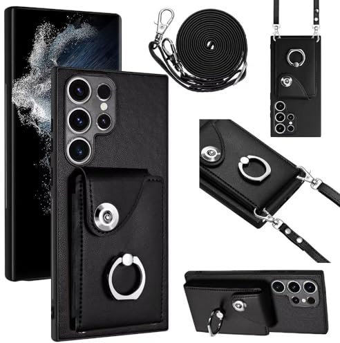 xinyunew Handyhülle für Samsung Galaxy S23 Ultra Hülle mit Band Kartenfach Handykette Geldbörse,360 Grad Ringhalter Stand Kartenfach,Leder Klapphülle Handytasche für Samsung Galaxy S23 Ultra- Schwarz