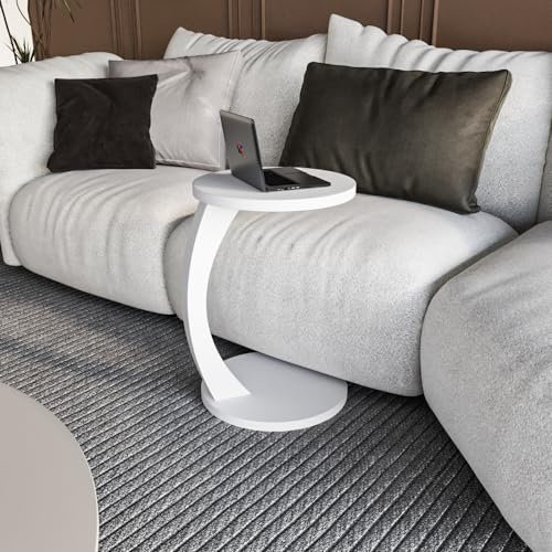 WOOVEN DESIGN C-Shape Coffee Table with Wheels, Portable Sofa Side Table, Round, Stylish Wooden Furniture for Home Decoration (White)