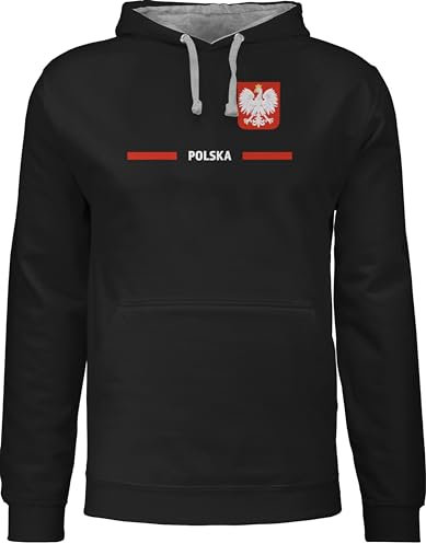 Pullover Herren Frauen Hoodie Kontrast zweifarbig - Fußball EM WM - Polen Trikot Wappen | Polska mit Stolz | Polnisches Fan-Motiv - XL - Schwarz/Grau meliert - Soccer Hoodies Europameisterschaft
