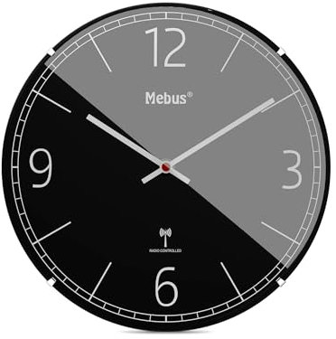 Mebus Funk-Wanduhr, lautlos, Kuppelglas, Rahmenlos, schwarz, Modell 12985 - Stilvoll und präzise