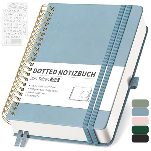 RETTACY Notizbuch A4 Dotted, Bullet Dot Journal mit 100 g/m² Dickem Papier, 150 Blatt, Notebook für Büro und Schule, Lederhülle, Grau-Blau, 21 cm x 29.7 cm
