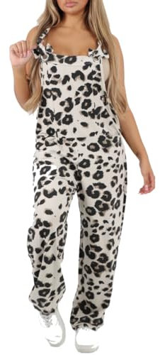 FASHIONISM Womens Sleeveless Italian Leopard Print Cotton Dungarees Ladies Square Neck Romper Adjustable Tie Strap Playsuit Racer Back Front Pocket Jumpsuit