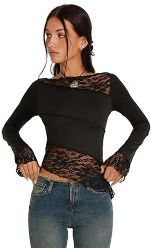 Haibang Women Lace Long Sleeve Top Sexy Mesh Sheer Crew Neck T Shirts Sexy Y2k Crop Tops Asymmetrical Hem Going Out Tops Streetwear Black