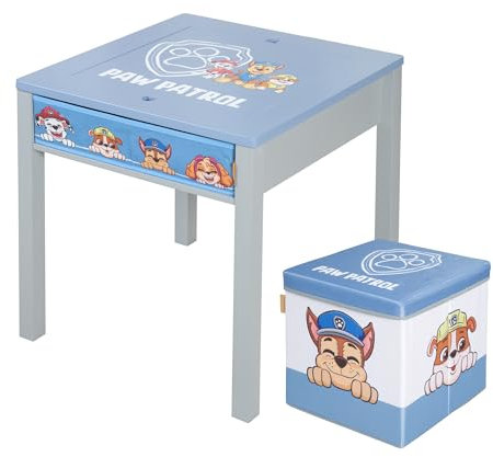 Kindersitzgruppe Paw Patrol - Tisch mit Wendeplatte + Sitzhocker für Kinder ab 18 Monaten - Sitzmöbel im Motiv der Zeichentrick Hunde - Holz grau / blau
