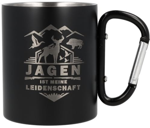 Spruchreif | Edelstahltasse mit Karabinerhaken Henkel mit Gravur Jagen ist meine… in Schwarz Matt |Jäger Geschenke