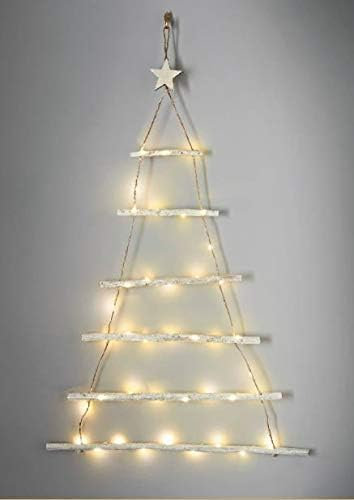 YORKSHIRE HOMEWARE Lit Twig Wall Christmas Tree Light | Christmas Decoration Gift Present With 40 led Warm White LED Lights | Small Wooden Ladders for Decoration | Wall Hanging Ornament (White Wood)