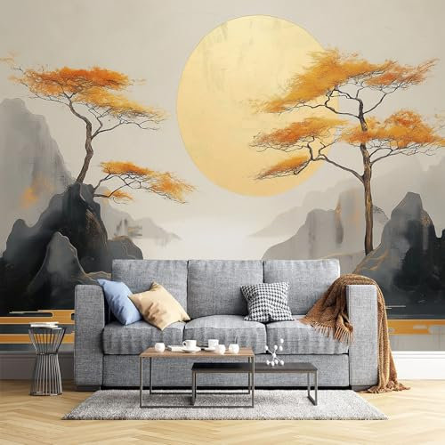 Papier Peint Panoramique Chaîne Montagnes Pins 400X280Cm - Photo Décoration Murale – Papier Peint Mural Pour Cuisine Chambre, Salon, Fond Tv - Peinture À L'Huile Style Chinois - Revêtement Mural