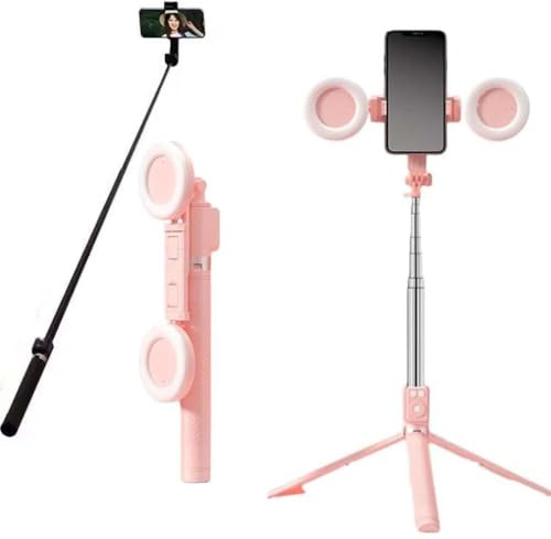 6 in 1 Selfie Stick with Fill Light, 6 in 1 Selfie Stick Stativ mit Fülllicht, Ausziehbares Handy Stativ mit Abnehmbarer Fernbedienung, 360° Drehung Selfie-Stick Telefonstativständer (Rosa)