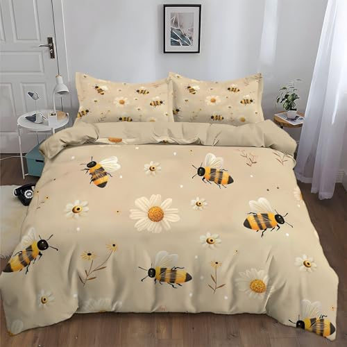 CozyRest Kind Bettwäsche Set 100 x 135 cm, Bienen- und Gänseblümchen-Blumenmotiv-Illustration Bettbezug Set 2 Teilig, Weiche Wende Beige Gelb Bettwäsche mit Reißverschluss und 1x 40x60cm Kissenbezüge