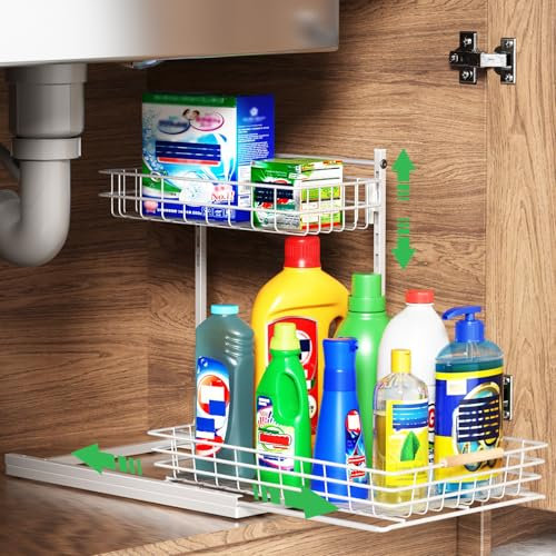 SUMAITech Organizador Bajo Fregadero de Metal, 2 Niveles Estanteria Bajo Fregadero con Altura Ajustable, Organizador Cocina Extraible, Estante de Almacenamiento Bajo Fregadero para Cocina, Blanco