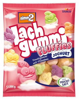 nimm2 Lachgummi Fluffies, Fruchtgummis mit Joghurt - 1 x 200 g | Bezuckertes Joghurt-Fruchtgummi in 6 Sorten mit Fruchtsaft & Vitaminen, Süßigkeit zum Naschen & Teilen für die ganze Familie