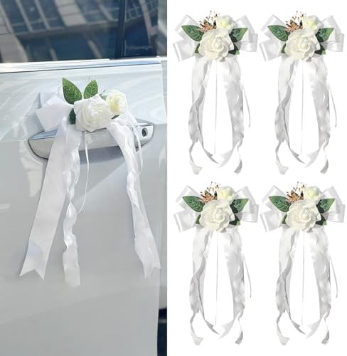 4 PCS Wedding Car Door Handle Decorations – White Artificial Flowers with Bowknot Ribbons, Just Married Automotive Accessories for Vehicle Door Handles