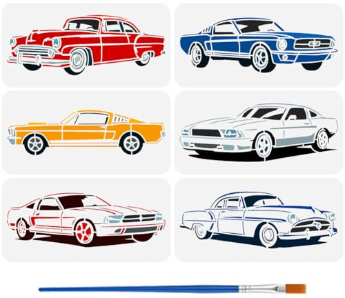 FINGERINSPIRE 6PCS Sports Cars Stencils with 1Pc Plastic Paint Brush 30x15cm Classic Cars Drawing Template Transportation Vehicle Theme Stencil for Painting on Wood, Canvas, Fabric, Wall, Furniture