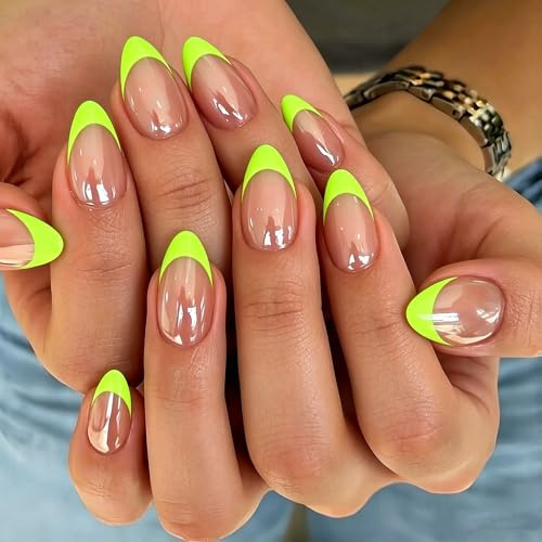 KQueenest Chrome Neon Grün Press on Nails Kurz Mandel, Glänzend Glitzer Nägel zum Aufkleben French, Glasiert Niedlich Fake Nails mit Sparkle Spiegel Design, French Nails Künstliche Nägel 30 Stück