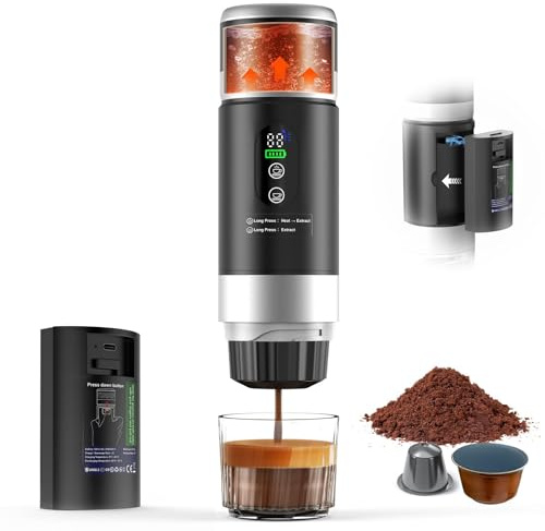 Yospinber 3 in 1 Akku Kaffeemaschine, Tragbare Kaffeemaschine mit herausnehmbarem akku, Auto Kaffeemaschine mit USB - C, Kompatibel mit kapsel und gemahlener Kaffee, für camping und wohnmobil gadgets