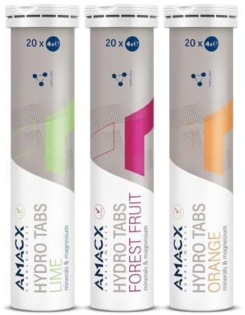 AMACX Hydro Tabs, Electrolytes Without Sugar with Vitamin C, 3 Tubes of 20 Magnesium Effervescent Tablets, Hydration for Athletes, Electrolyte Sport, Recovery Drink for Mineral Balance (Variety Pack)